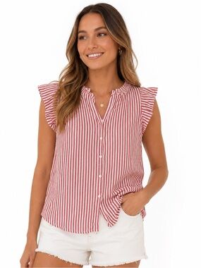Liz Claiborne Red and White Striped Sleeveless Button-Down Top